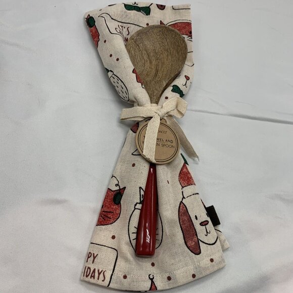 2 Sets Demdaco Holiday Wooden Spoon Bar Towel Red Green Christmas Howl-idays Dog - Picture 7 of 15